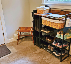 entryway launch zone with shelves, Newtown CT professional organizer